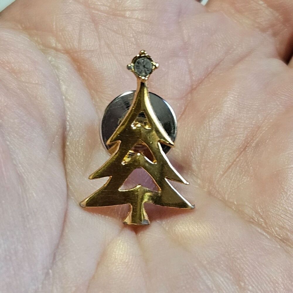 Avon Gold Tone Tree Pin Vintage Lapel Hat Scarf Clear Rhinestone Accent